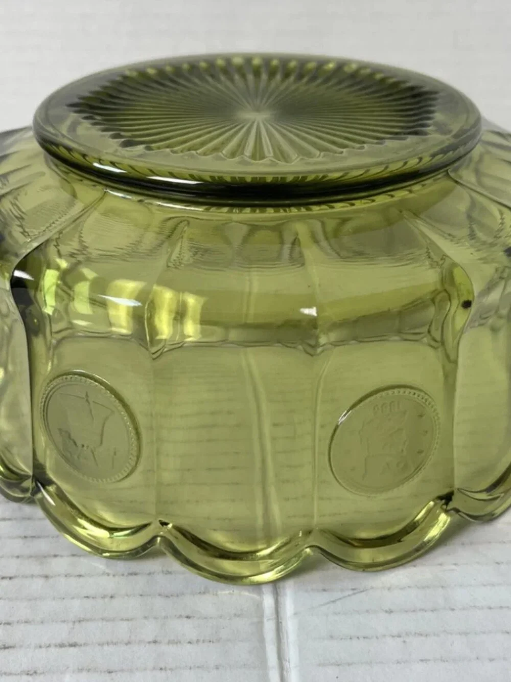 Vintage Fostoria Coin Glass Olive Green Large Bowl 7.25”